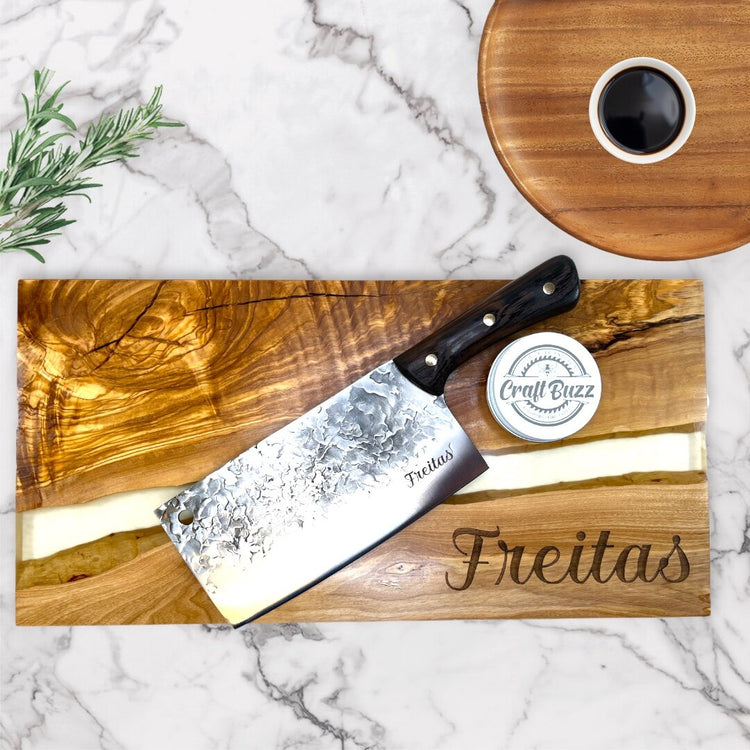 Cutting Board Olivewood Epoxy and Damascus Cleaver