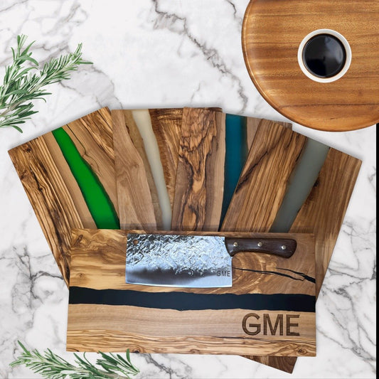 Cutting Board Olivewood Epoxy and Damascus Cleaver