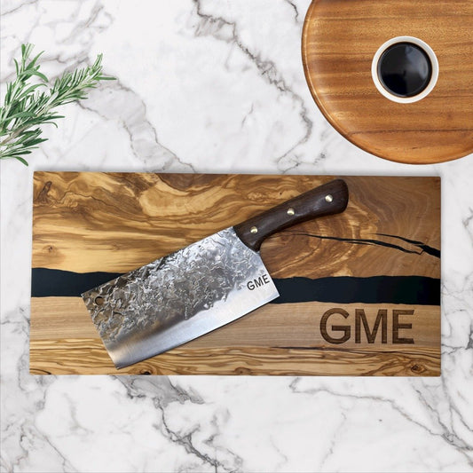 Cutting Board Olivewood Epoxy and Damascus Cleaver